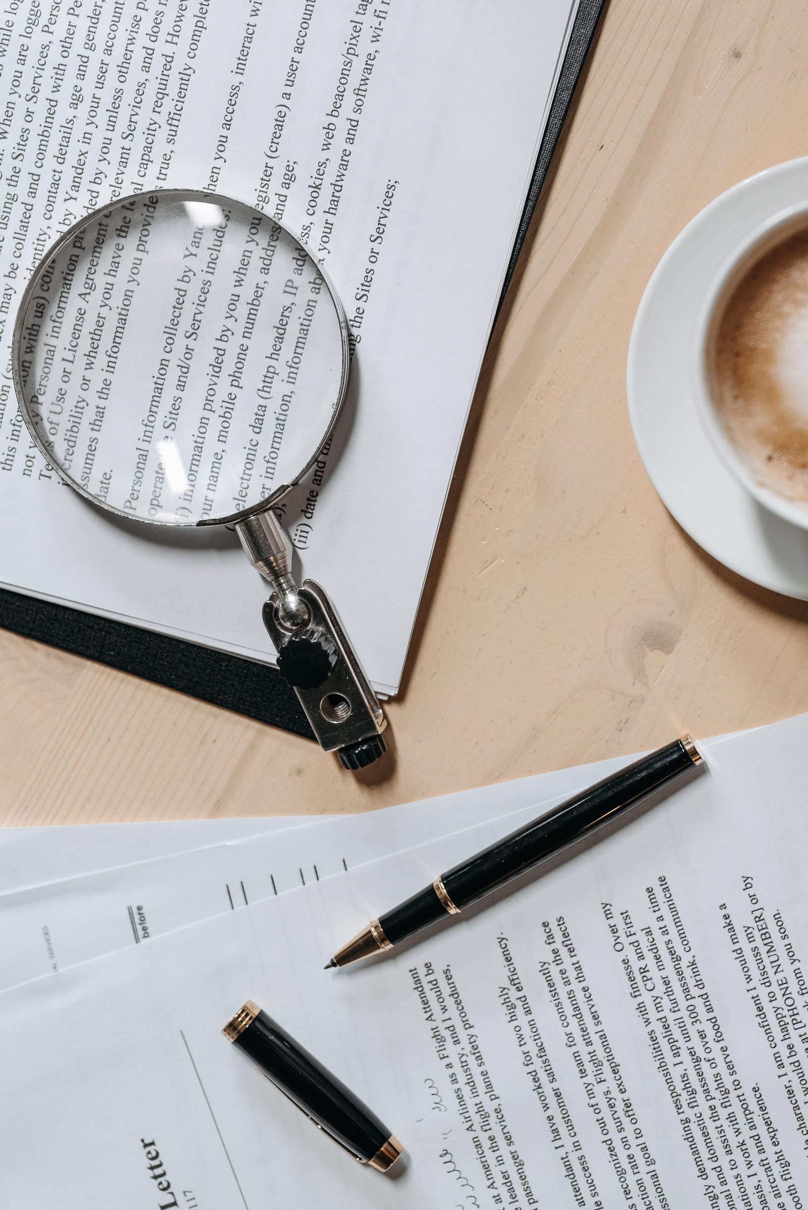 Legal documents, a magnifying glass, a pen, and coffee.