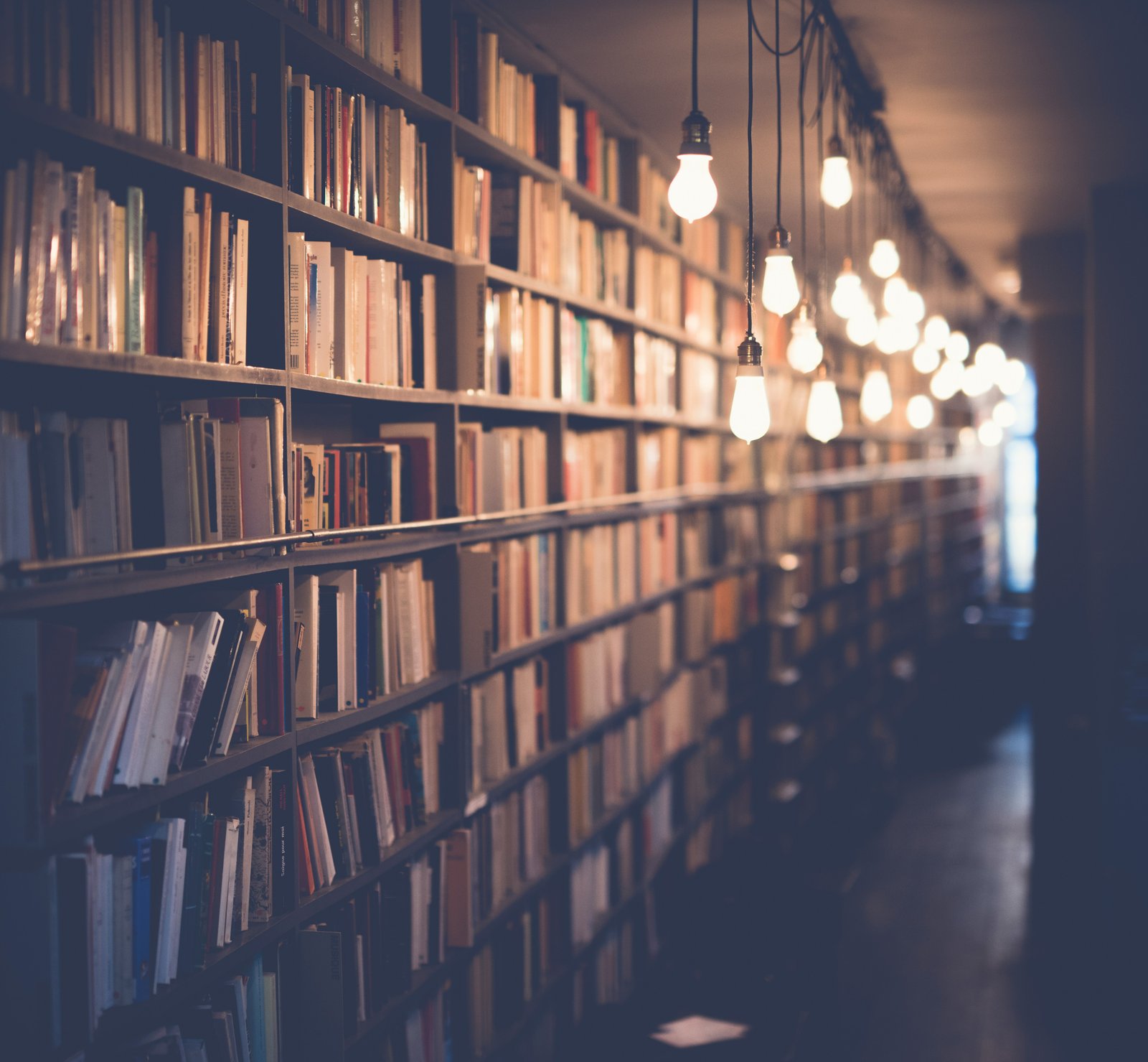 Bookshelves and reading lights representing legal research